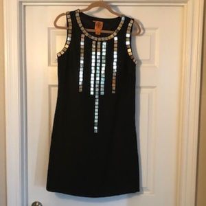 TORY BURCH Black Silk With Gold Piette Seqiuns Cocktail Dress